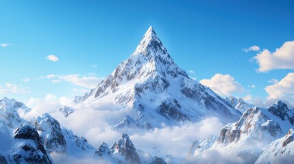 Fototapeta premium Majestic Snow-Capped Mountain Peak Rising Above Billowing Clouds Under Clear Blue Sky