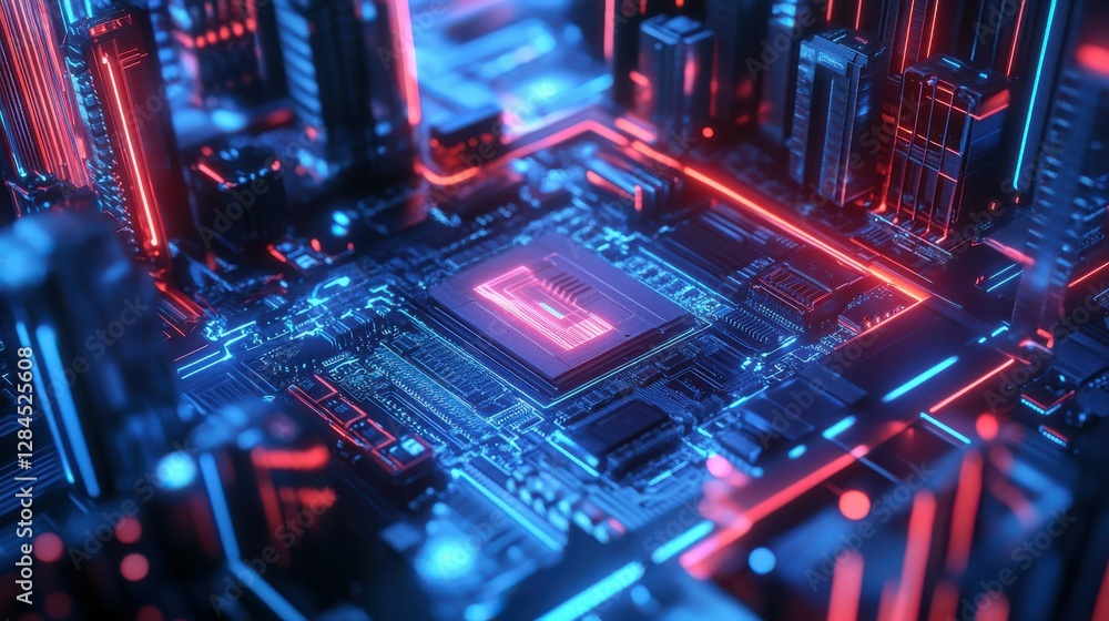 Poster futuristic circuit board with illuminated microchip in neon colors