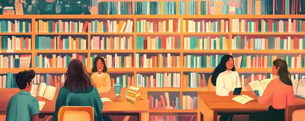 Diverse group of people reading and studying in a cozy library with books