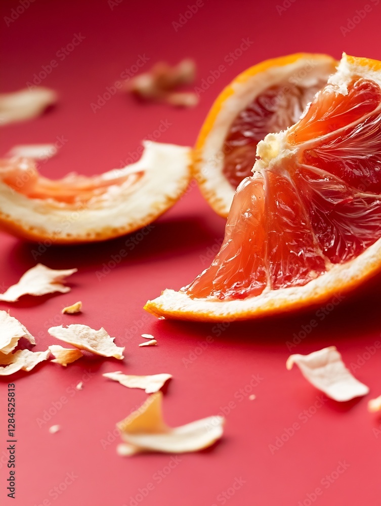 Aufkleber closeup of peeled orange segments and peels on a vibrant pink background creating a fresh aesthetic 