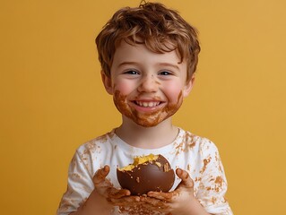 Young boy proudly holds a broken chocolate Easter egg