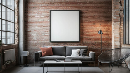 Fototapeta premium Frame Mockup Displayed in a Contemporary Loft-Style Living Room with Exposed Brick Walls, Metal Furniture, and Artistic Lighting Fixtures Highlighting the Space