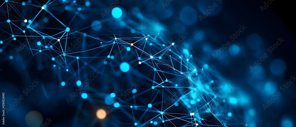 Poster the image showcases an abstract background featuring glowing blue lines and a network of interconnec
