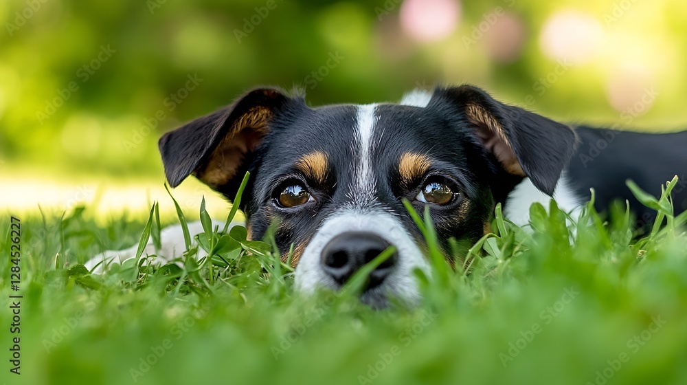 Poster cute dog lying on green grass enjoying a sunny day with a serene relaxed expression : generative ai