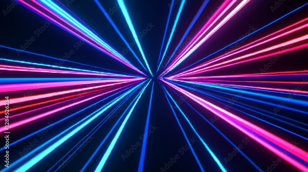 Poster vibrant neon light beams radiating from a central point, creating a dynamic visual effect
