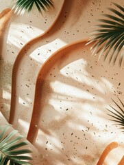 A beach scene with palm trees and sandy shores.