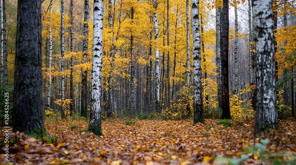 Poster scenic view of a serene autumn forest showcasing vibrant yellow leaves and tall birch trees in its b