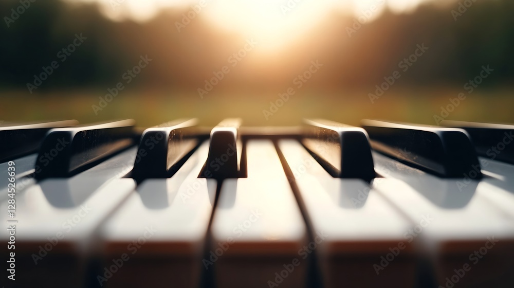 Aufkleber Closeup of piano keys with soft sunlight illuminating the scene creating a warm atmosphere : Generative AI