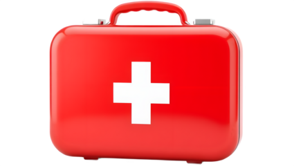 A bright red first aid kit featuring a prominent white cross, commonly used for medical emergencies and health-related situations.