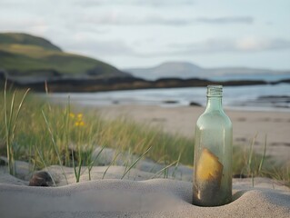 Obraz premium bottle on beach, coastal scene, sand, grass, ocean, tranquil scene