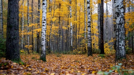Scenic view of a serene autumn forest showcasing vibrant yellow leaves and tall birch trees in its beautiful landscape : Generative AI