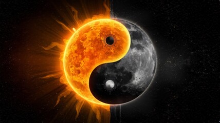 Cosmic Yin-Yang Symbol, a fusion of the Sun and Moon, symbolizing the eternal balance between light and darkness, heat and cold, energy and stillness.
