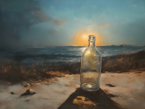 message in a bottle, beach scene, ocean waves, sunrise colors, clear glass bottle
