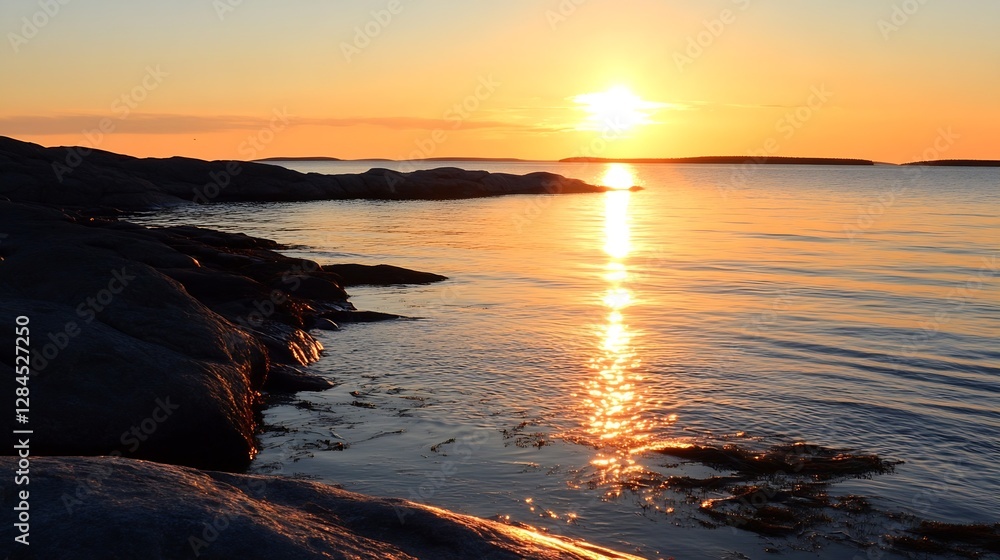 Poster golden sunrise over calm waters with reflections on the rocks creating a tranquil scene : generative