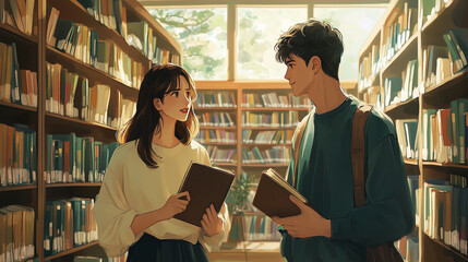 Anime-style illustration of a man and woman engaged in a conversation while looking at each other in a cozy library. The background features rows of shelves filled with books.