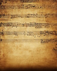 Close-up of aged, yellowed sheet music with handwritten musical notes, showing texture and timeworn appearance.