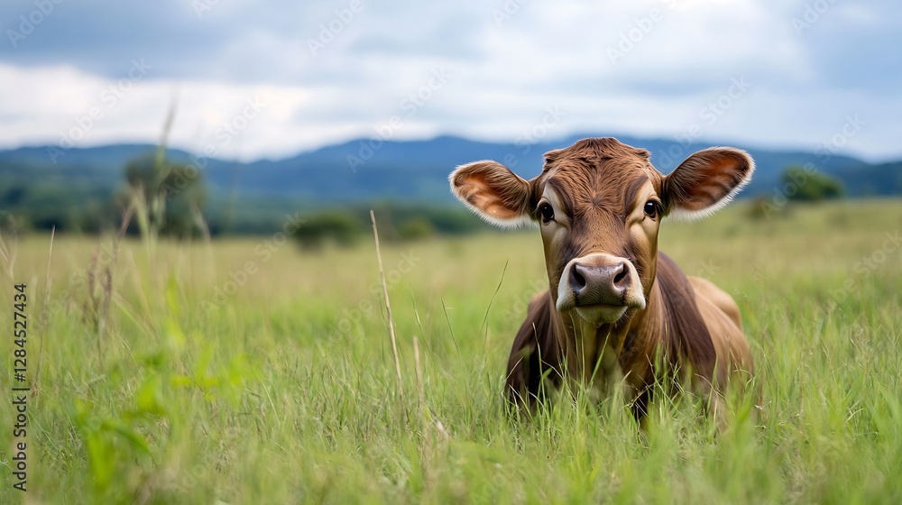 Poster curious brown cow grazing in lush green field with mountains in background : generative ai