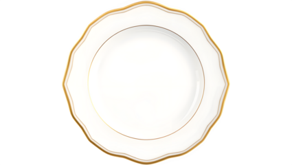 A round, elegant plate with a scalloped edge and gold trim, designed for serving and presenting food stylishly.
