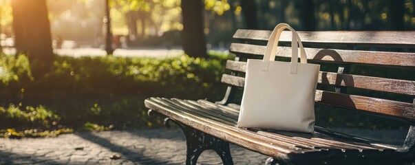 Obraz premium Elegant beige tote bag on wooden park bench in sunlit autumn setting