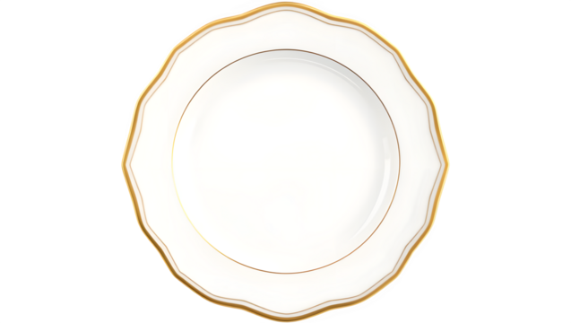 A round, elegant plate with a scalloped edge and gold trim, designed for serving and presenting food stylishly.
