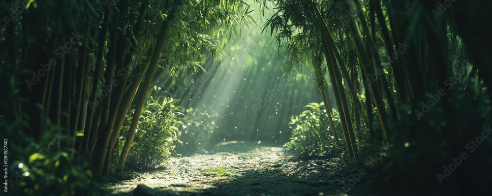 Poster sunlight filtering through dense bamboo forest pathway with lush greenery and soft glow