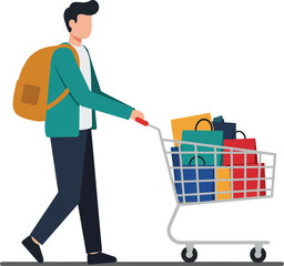 Person with shopping cart in flat design style vector art