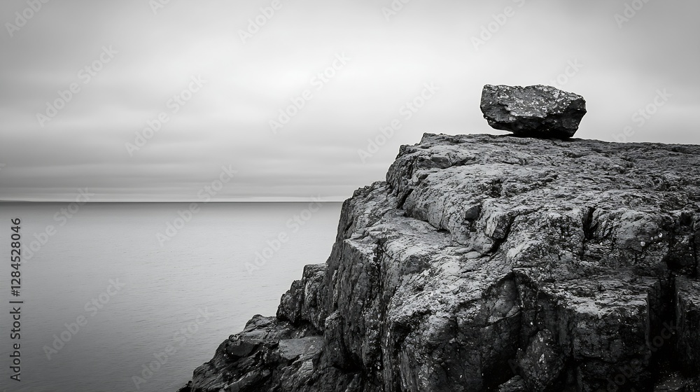 Poster Mysterious Balancing Rock on Cliff Edge Overlooking Calm Ocean Under Gloomy Sky : Generative AI