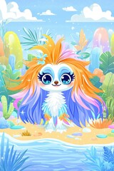Obraz premium Adorable Rainbow Hair Dog on Tropical Beach - Cute Cartoon Illustration