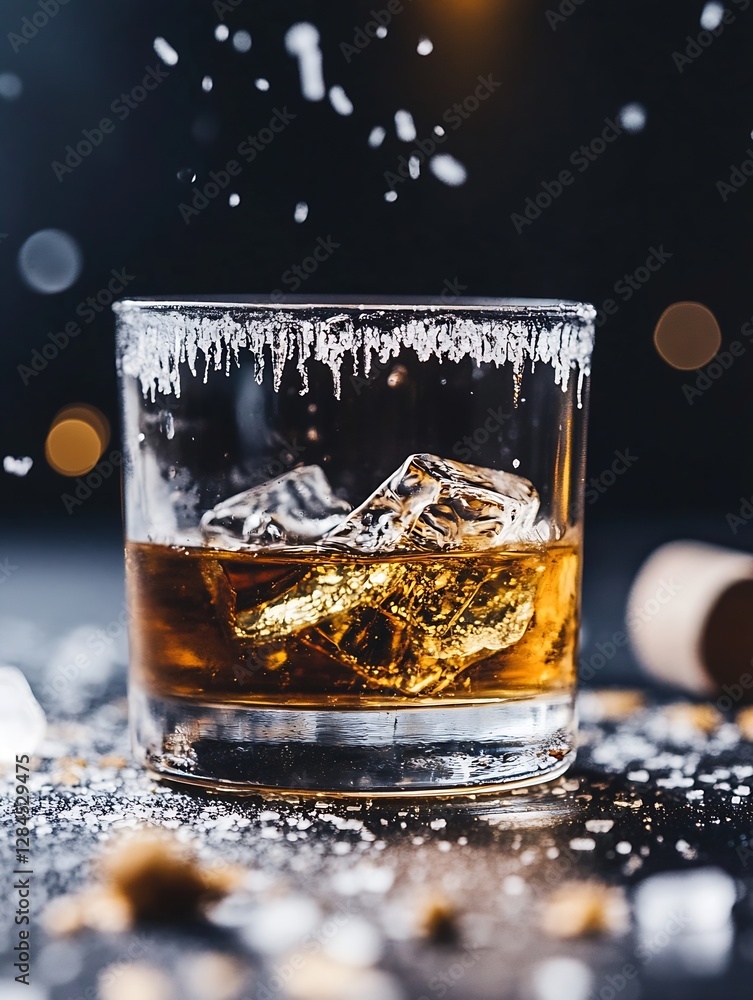 Poster highquality image of a glass of whiskey with ice surrounded by snowflakes : generative ai