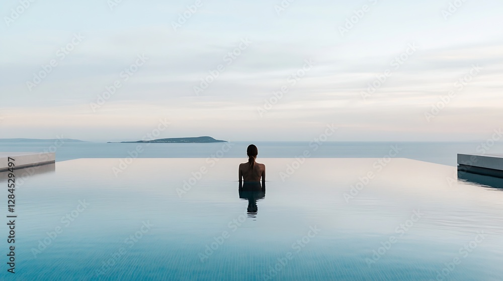 Poster person sitting at the edge of an infinity pool overlooking calm ocean waters : generative ai