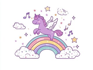 Unicorn Flying Over The Rainbow Illustration