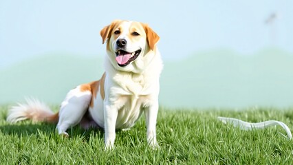 Happy Dog Sitting in Green Grass