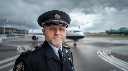 Uniformed officer stands confidently on the tarmac of an airport as a private jet is parked in the background beneath an overcast sky
