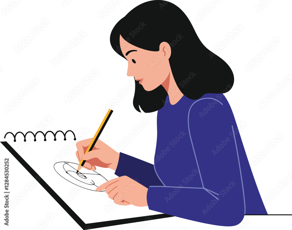 Poster woman sketching in a notebook using a pencil in minimal vector illustration
