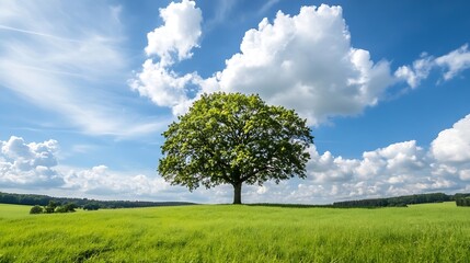 Fototapeta premium Vibrant Green Tree Standing Tall Under a Bright Blue Sky with Fluffy White Clouds : Generative AI