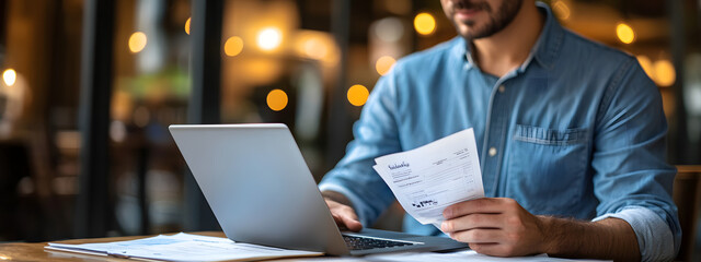 Photo of an entrepreneur in a blue shirt sitting at a table with a laptop and papers, holding a bill or ticket while working on financial paperwork in a coffee shop
