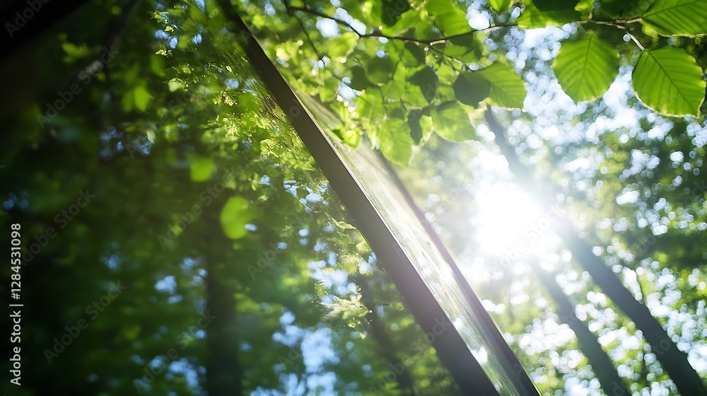 Aufkleber natural sunlight filtering through lush green leaves with reflections in glass creating a vibrant an