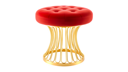 A stylish red upholstered stool with a gold wire frame, featuring a button-tufted top design.