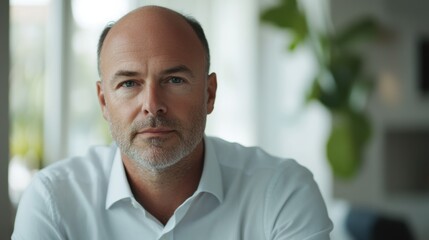 Obraz premium A man with thinning hair confidently attending a business meeting. Featuring success and self-assurance