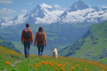 Obraz premium Couple enjoys a scenic mountain hike with their dog on a sunny day in the Swiss Alps