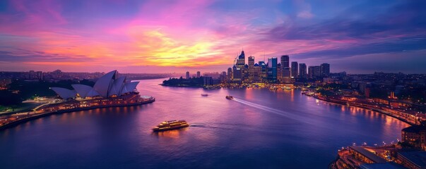 Naklejka premium Sydney harbour view with opera house at sunset