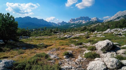 Fototapeta premium A serene, natural landscape with a field of rocks and gravel, set against the backdrop of majestic mountains. This grassland is part of an alpine valley ideal for hiking or wildflower exploration.