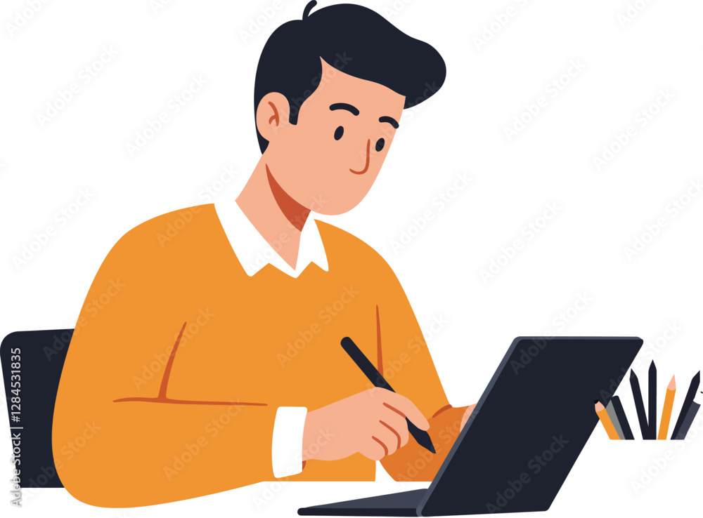 Poster man using digital tablet while sitting at desk in minimal vector illustration