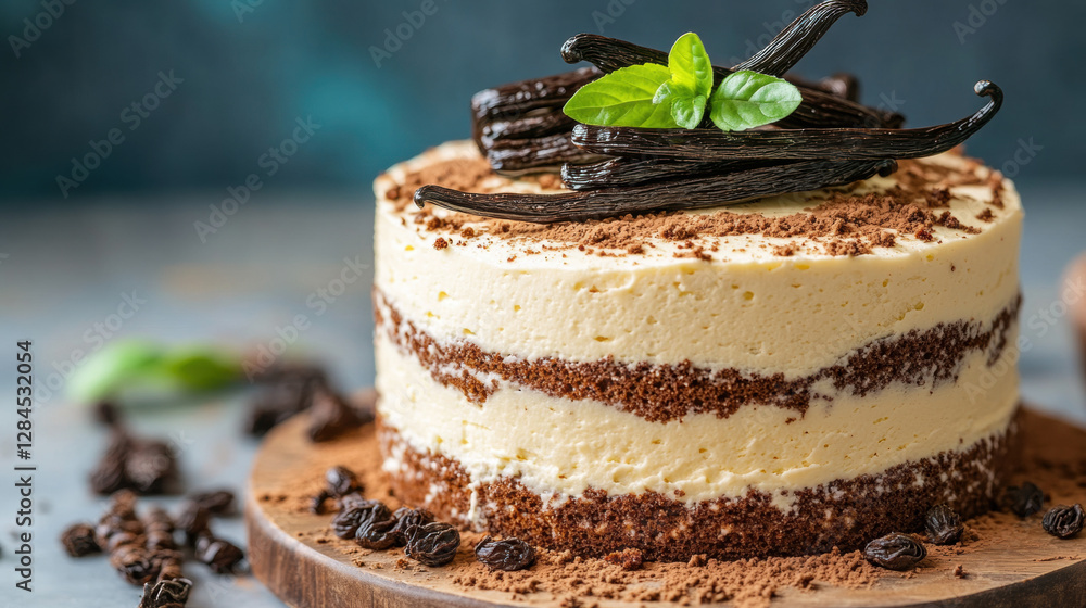Poster vanilla, a vanilla bean resting on top of a cake, captured in high resolution with a focus on detail