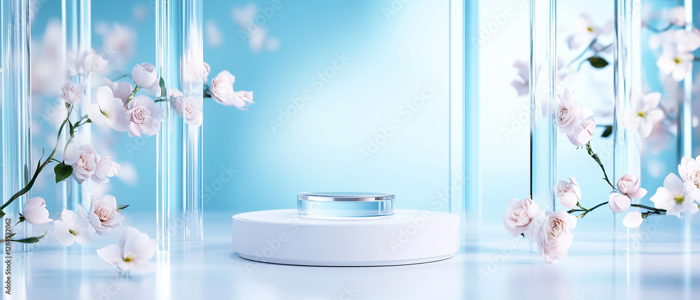 Poster elegantly arranged flowers create a serene atmosphere around a glass display on a soft-colored surfa