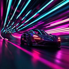 Futuristic Car Speeding Through Neon Light Tunnel at Night in Urban Environment