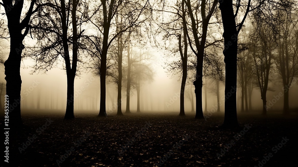 Poster misty autumn forest with tall trees and ground covered in yellow leaves : generative ai