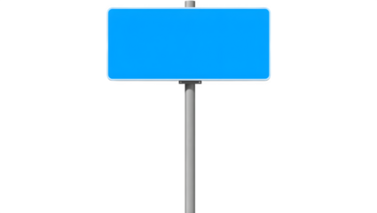 A simple blue rectangular sign mounted on a gray pole, ready for text or graphics.