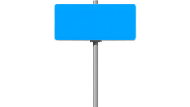 A simple blue rectangular sign mounted on a gray pole, ready for text or graphics.