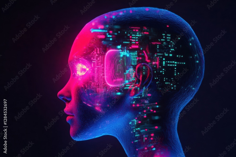Fototapete exploring the essence of humanity through cybernetic enhancements in a futuristic setting. generativ